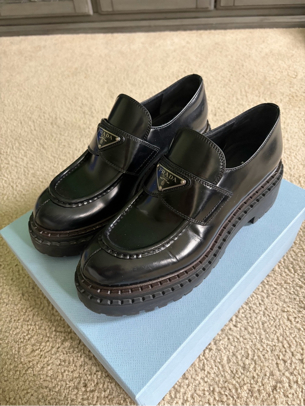 Prada Women's Double Chocolate Leather Loafers - Picture 1 of 9
